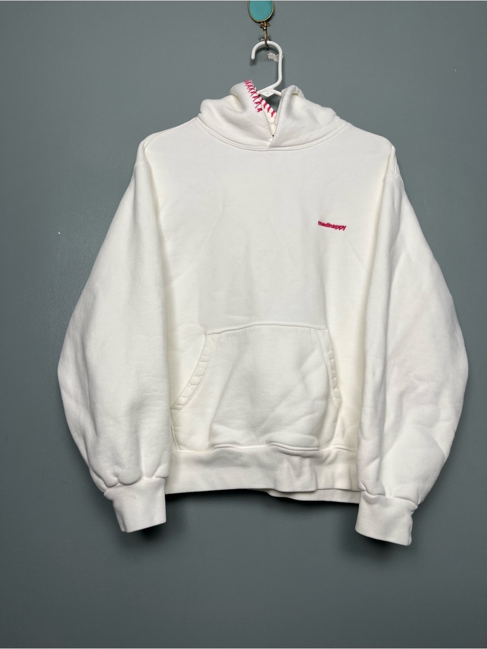 madhappy Classic Fleece Hoodie White Pink Unisex Size XS Loungewear Cozy Casual
